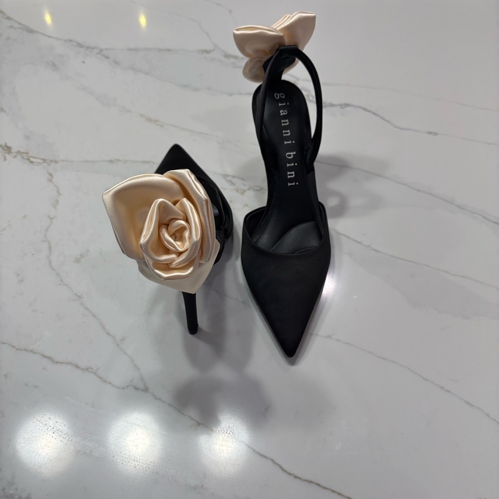 Gianni Bini Black Heeled Slingbacks with Cream Satin Rose Accent